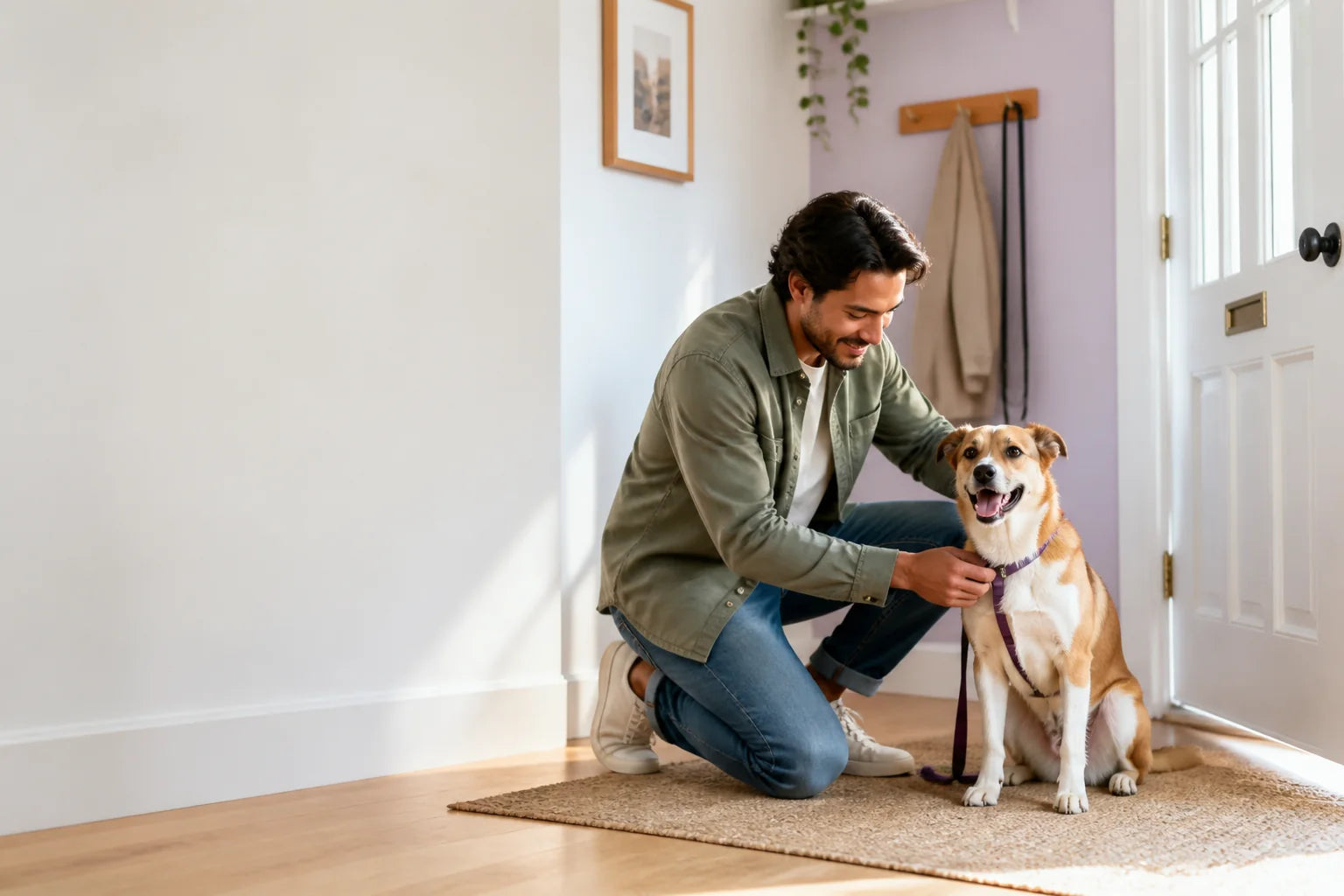 Pet owner preparing a happy dog for a walk